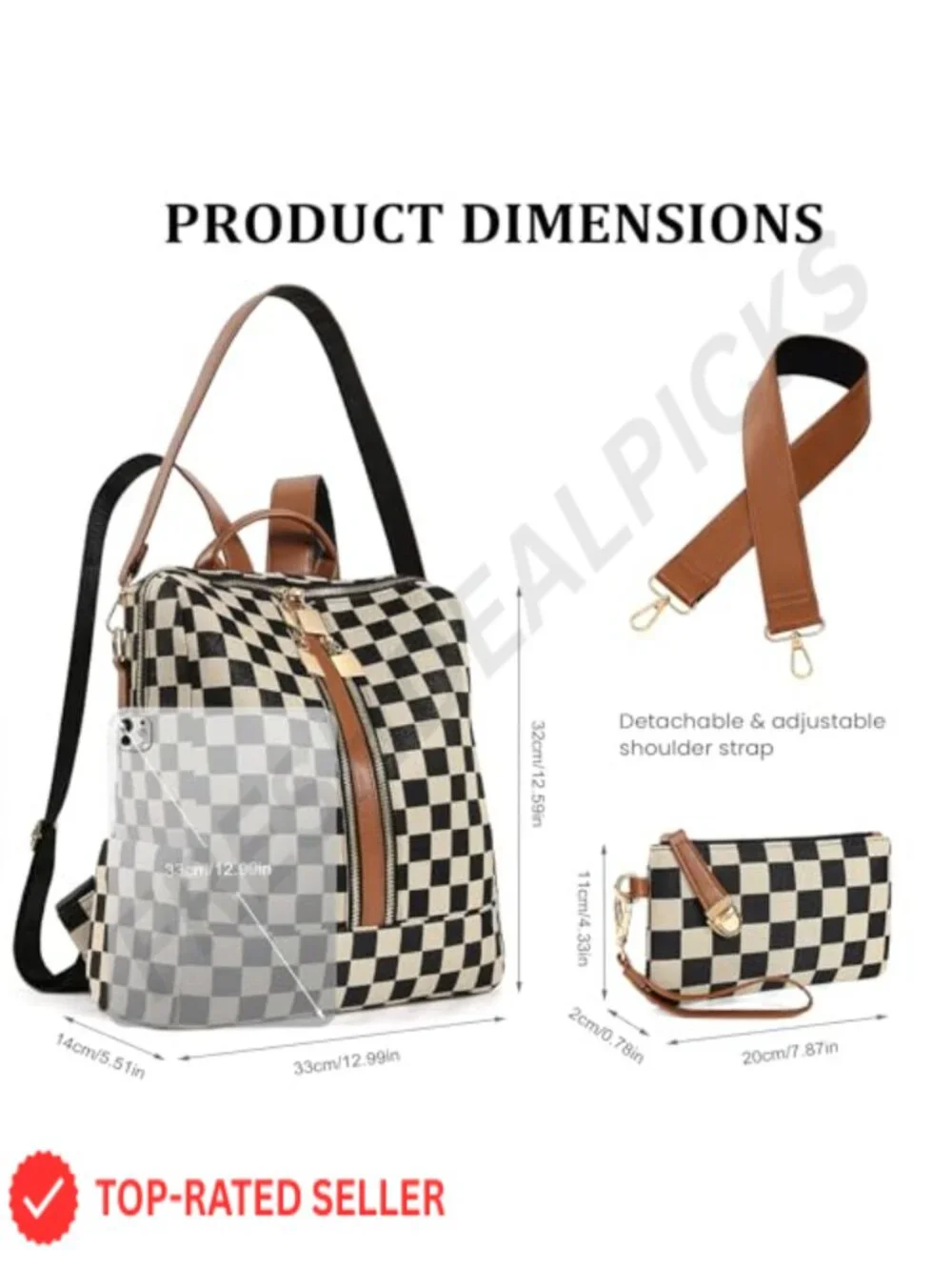 Canvas PU Leather Checkered Backpack Purse for Women, Fashion Travel Daypack